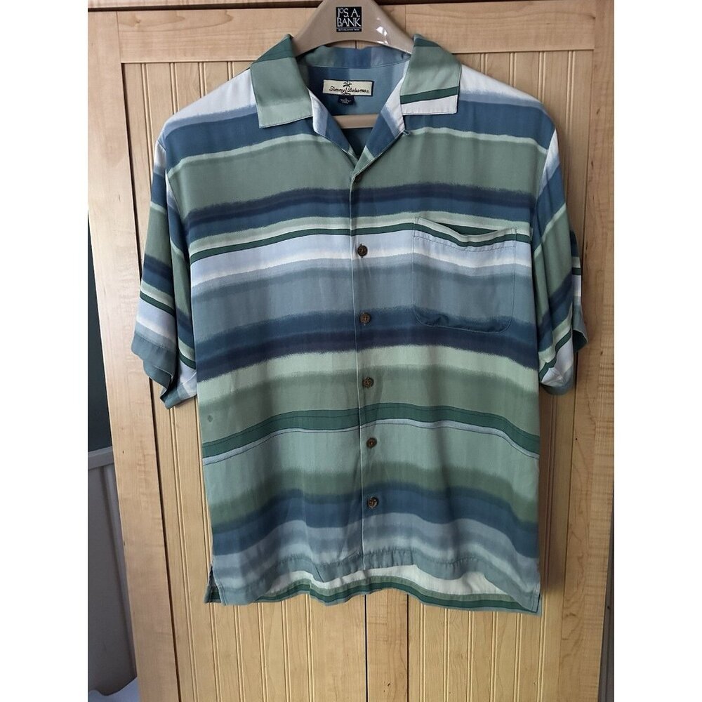 Tommy Bahama Watercolor Stripe Blue Green Medium Button Up Shirt Silk & Cotton‎